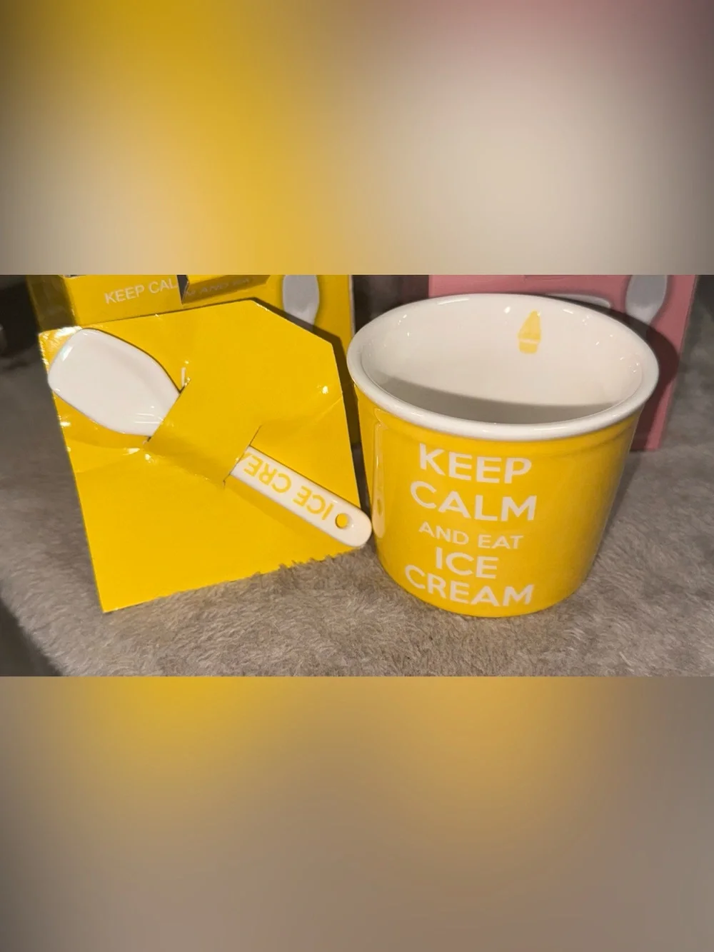 KEEP CALM and Eat Ice Cream Porcelain Cups & Spoons - Pink & Yellow